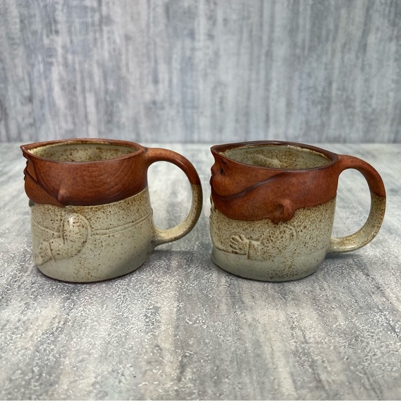 2 Face Mugs Man & Woman Art Pottery UCTICI Gempo Japan Moustache Vtg 3D - Picture 2 of 9